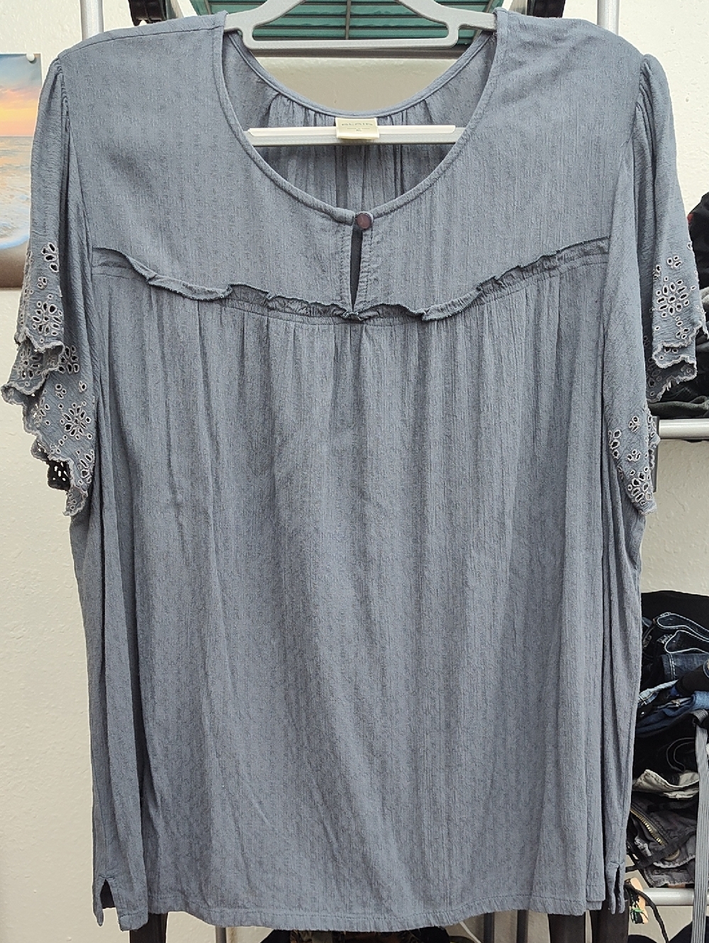 Blair Gray Eyelet-Sleeve Ruffle Tunic